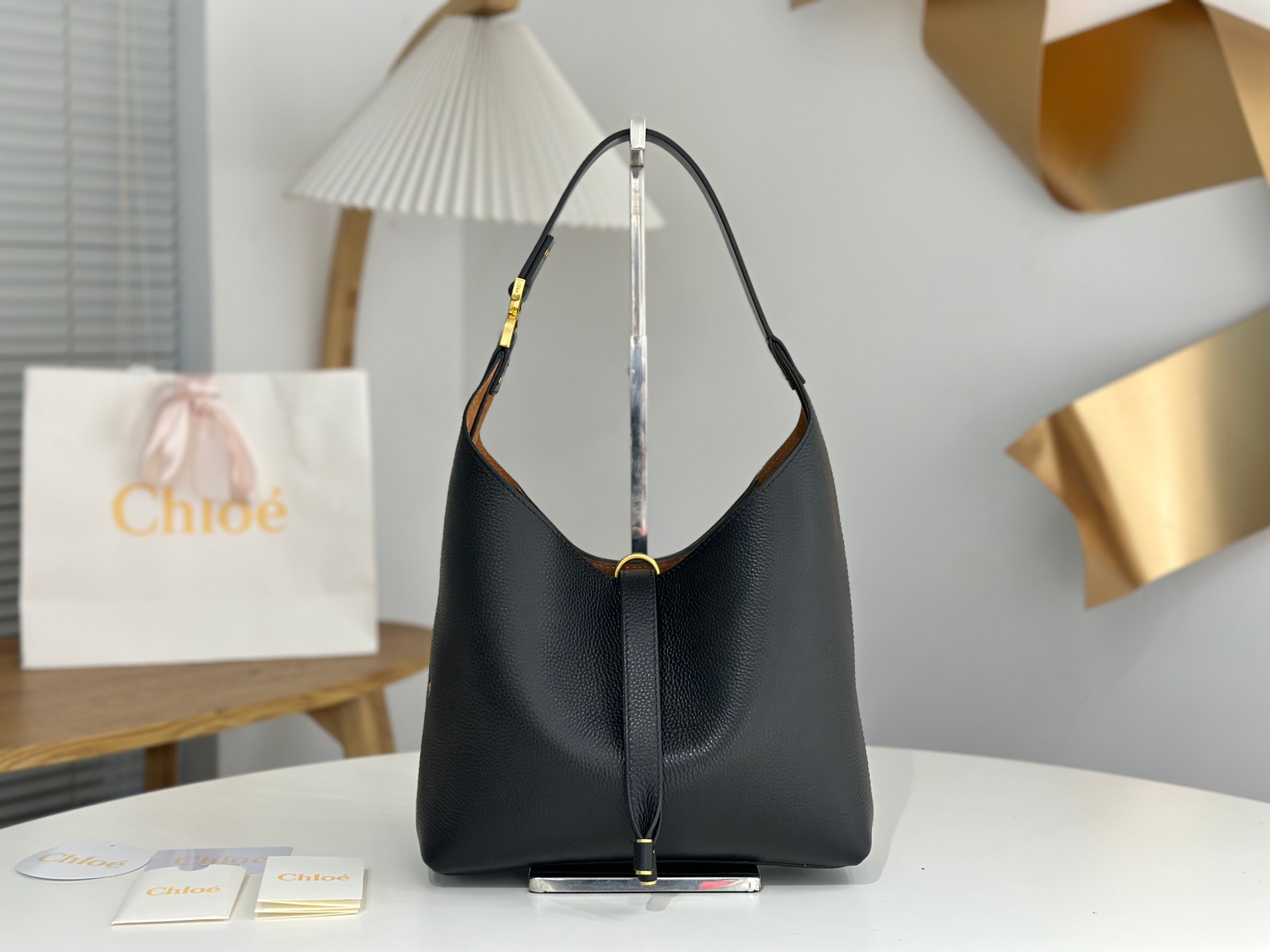 Chloe Small Marcie Hobo Bag In Black Grained Leather